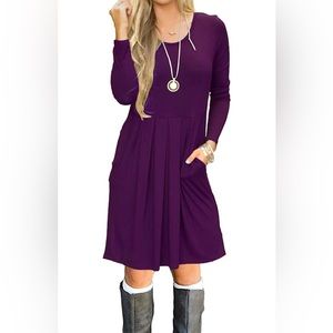 Purple Stretch Knit Pleated Dress With Pockets M
